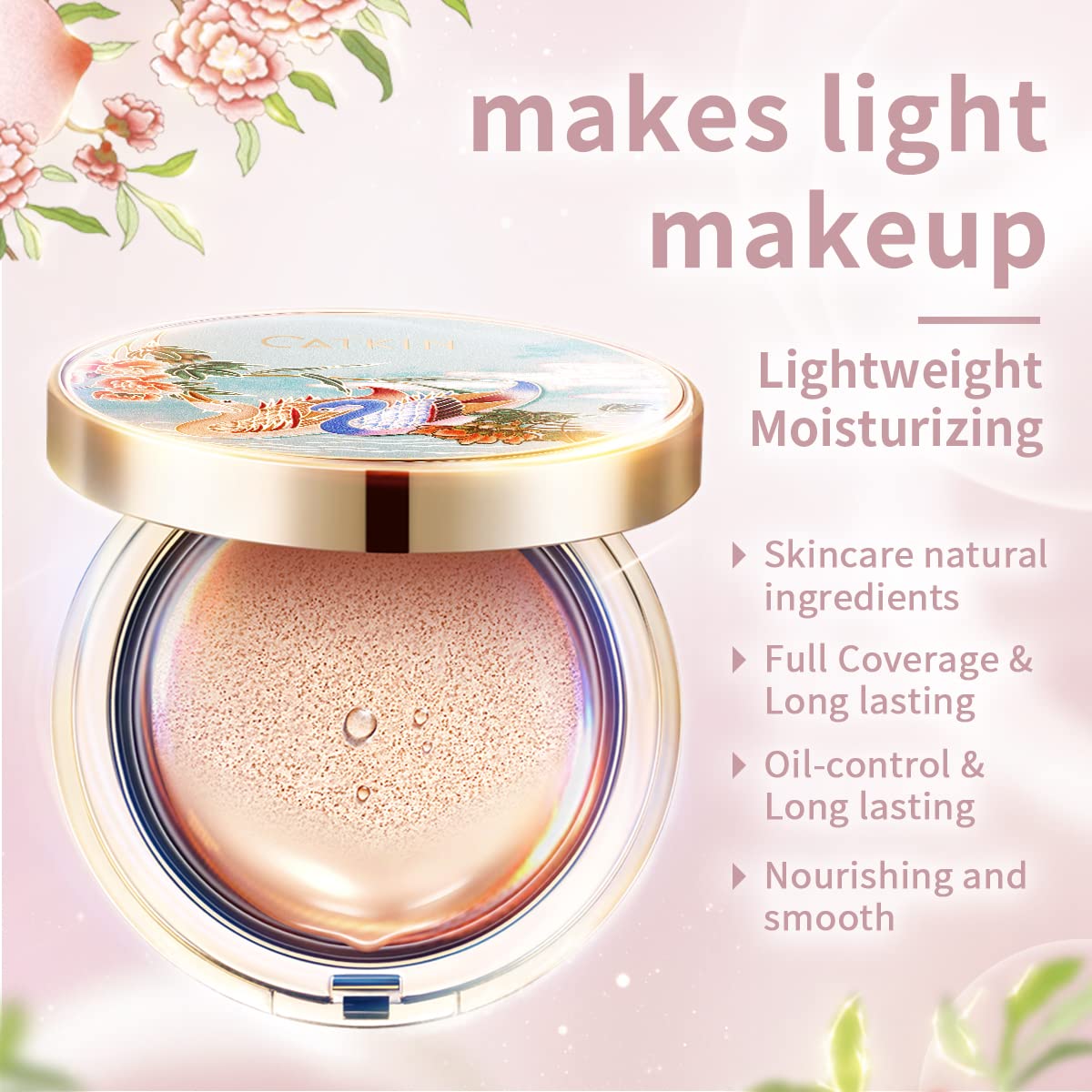 Catkin Blossom BB Cream Air Cushion Foundation Natural Coverage Moist Glowy Finish Breathable Face Makeup with 2 Refills Beige (C02 Medium Beige)