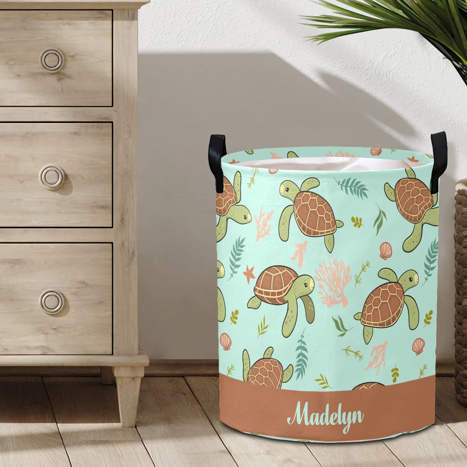 Personalized Laundry Basket Hamper,Cute Sea Turtle,Collapsible Storage Baskets with Handles for Kids Room,Clothes, Nursery Decor