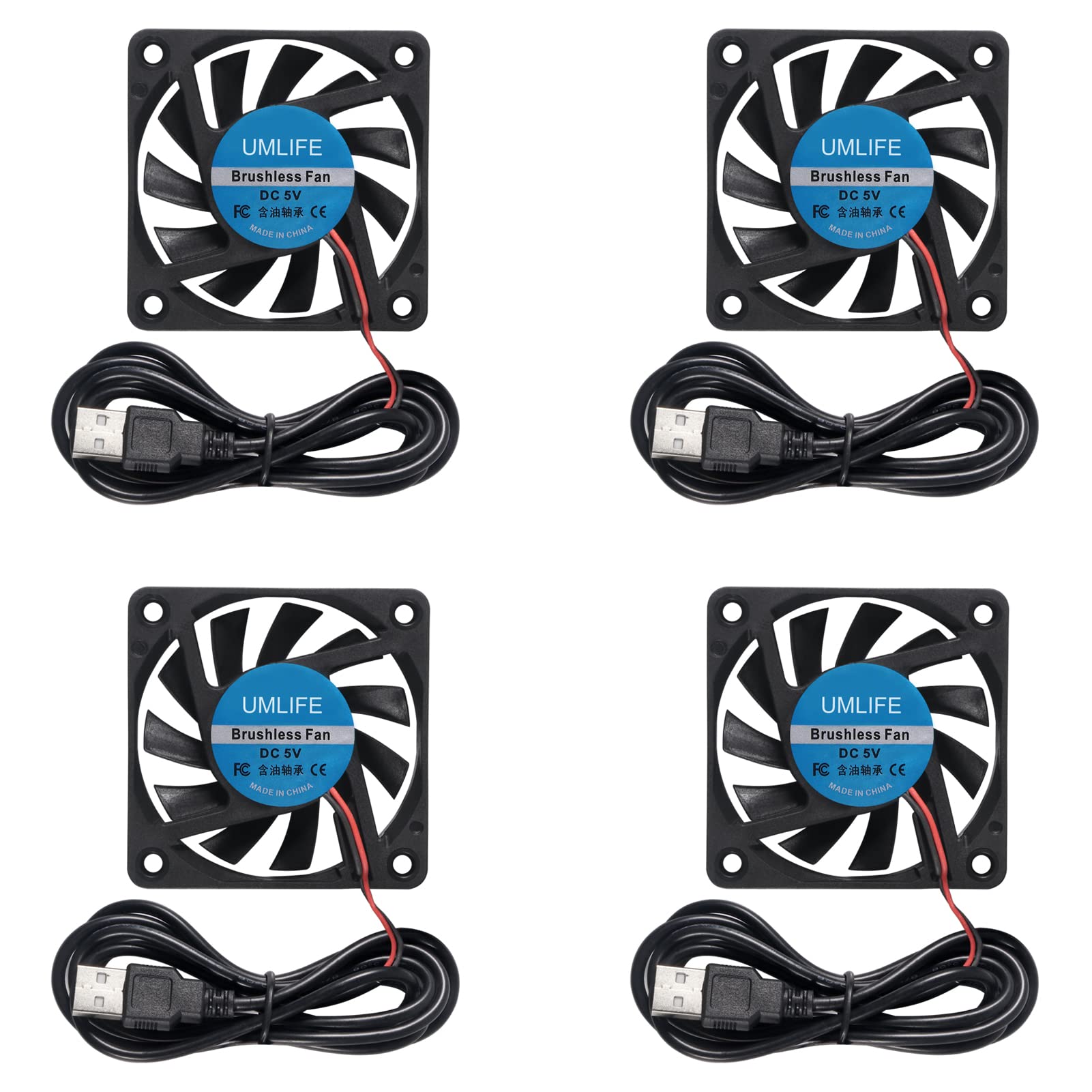 UMLIFE 60mm Fan, 4-Pack 5Volt 0.18A USB 60x60x10mm 6010 Brushless DC Computer CPU Heat Sink Cooling Cooler Fan 60mm x 10mm