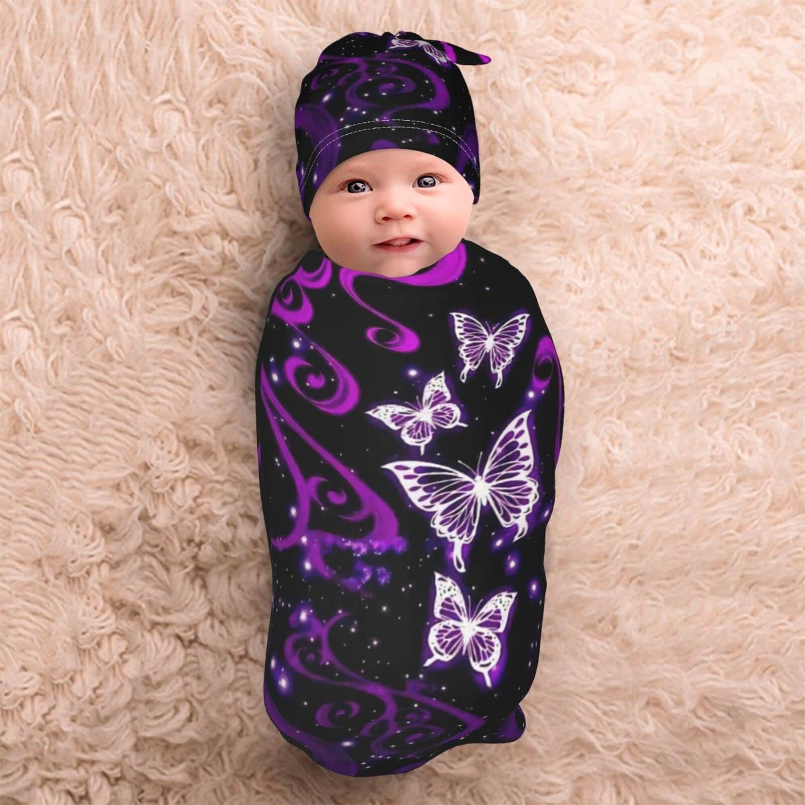 Ykklima Baby Newborn Swaddle Blanket with Beanie Hat- Purple Butterfly Pattern Receiving Blanket Sleep Sack for Girls Boys Infant Gifts