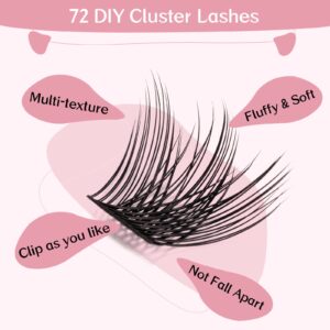 Lash Clusters, 72 Pcs Individual Cluster Lashes DIY Lash Extension 8-16mm Eyelash Clusters Volume Wispy Lashes Super Thin Band Reusable Soft & Comfortable (Volume, D-8-16mix)