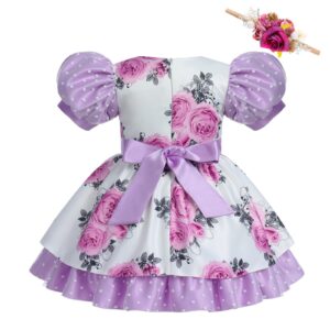 Girls Flower Puff Sleeve Dress 2PCS Pageant Princess Summer Dresses with Floral Headband Front Bowknot Wedding Birthday Dress Up Clothes Baby Girl Christening Baptism Outfits Purple 6-12 Months