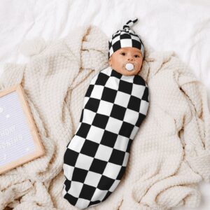 Ykklima Baby Newborn Swaddle Blanket with Beanie Hat- Black White Race Checkered Flag Pattern Receiving Blanket Sleep Sack for Girls Boys Infant Gifts