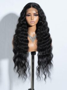 joedir lace front wigs 30" long wavy synthetic wig 4.5" deep part hd transparent lace with baby hair for women 130% density wigs(black color)