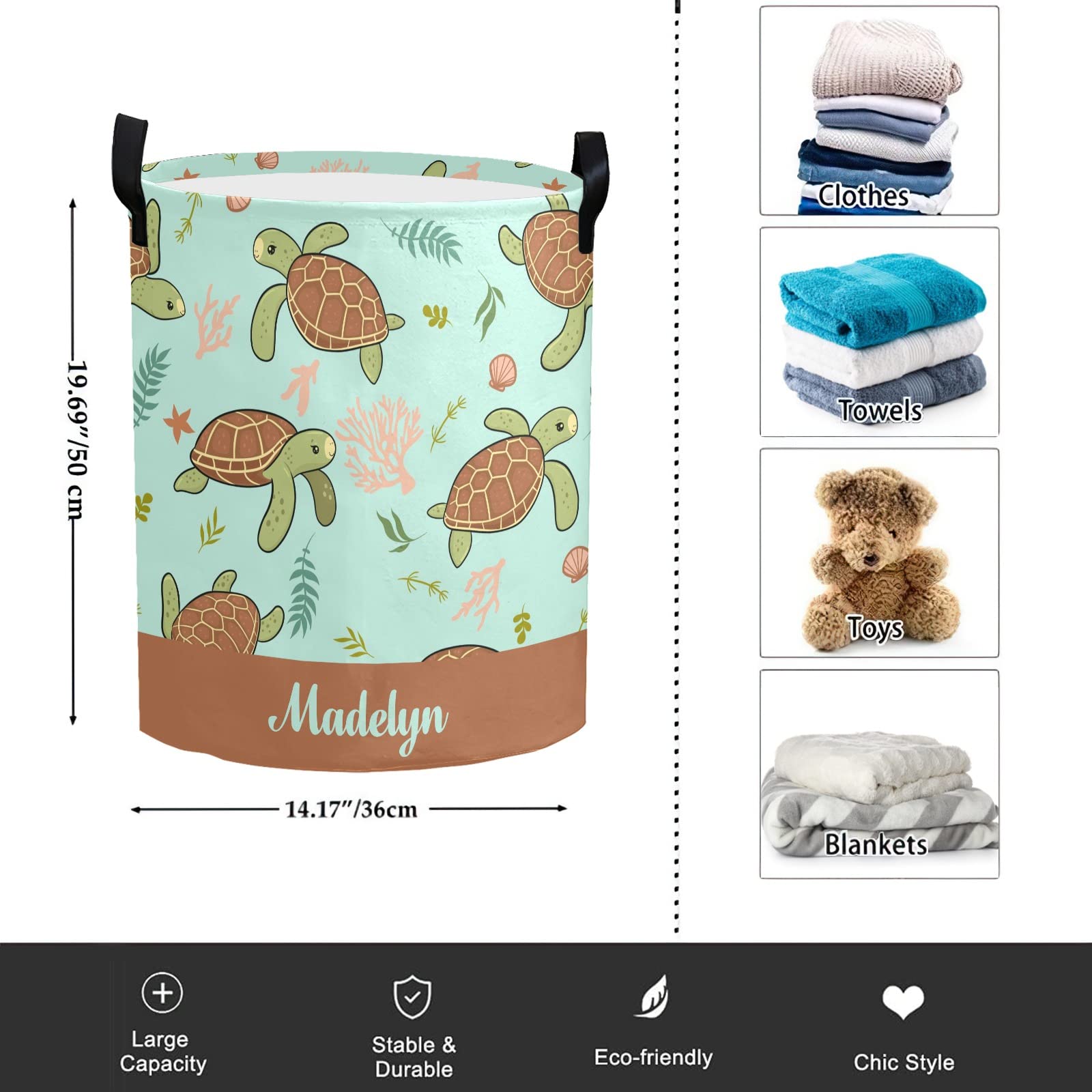 Personalized Laundry Basket Hamper,Cute Sea Turtle,Collapsible Storage Baskets with Handles for Kids Room,Clothes, Nursery Decor