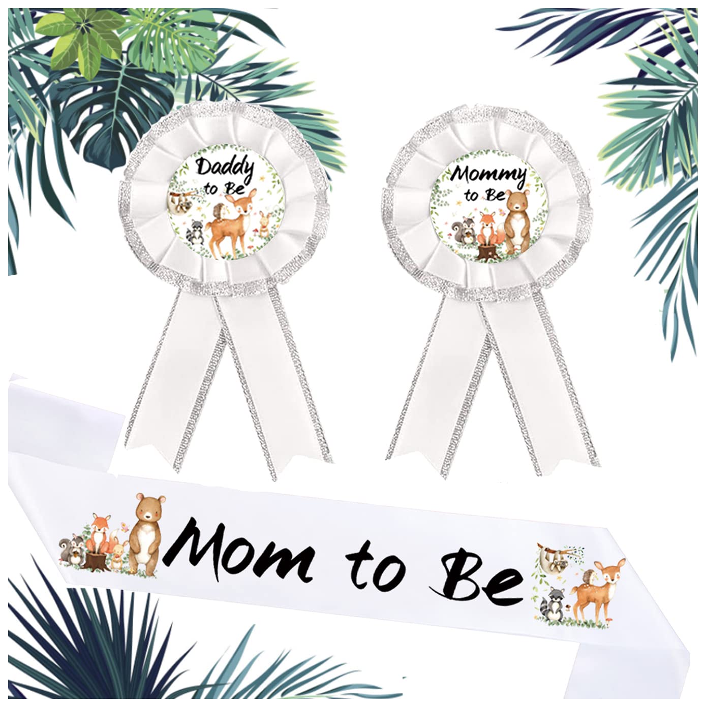 AICHENGZI Woodland Creatures Baby Shower Sash Mom to Be & Daddy To Be Corsage Party Decorations