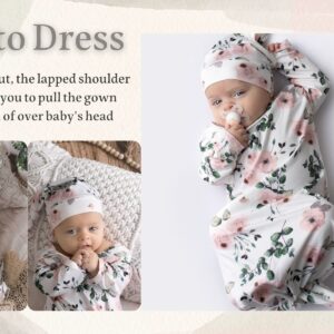 Giggle Angel Newborn Baby Sleeper Gown Knotted Gown Baby Girl Coming Home Outfits 2-Piece Gown and Hat Set 0-3 Months (pinkleaf)