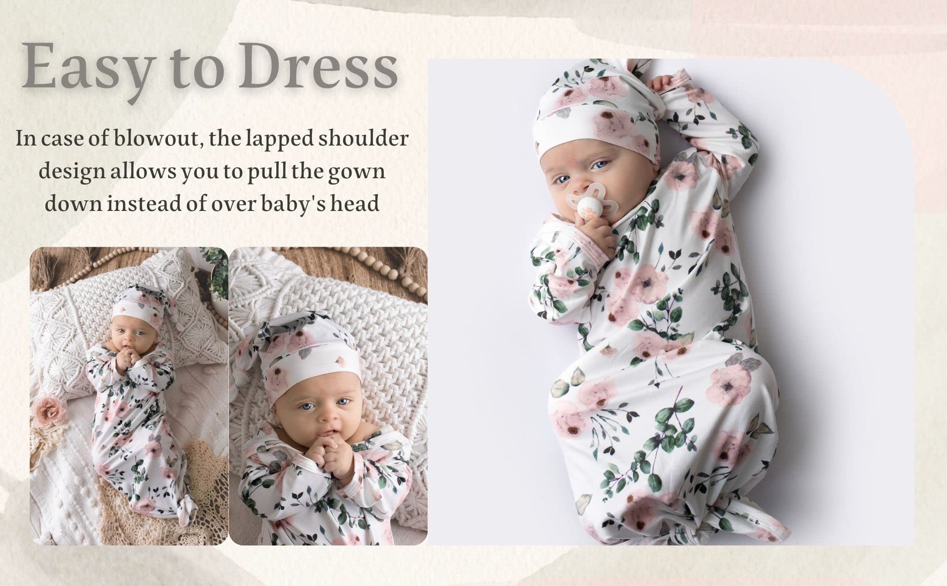 Giggle Angel Newborn Baby Sleeper Gown Knotted Gown Baby Girl Coming Home Outfits 2-Piece Gown and Hat Set 0-3 Months (pinkleaf)