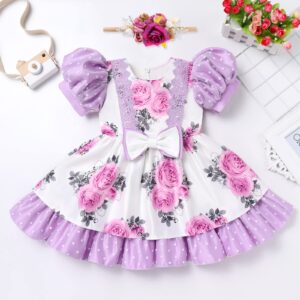 Girls Flower Puff Sleeve Dress 2PCS Pageant Princess Summer Dresses with Floral Headband Front Bowknot Wedding Birthday Dress Up Clothes Baby Girl Christening Baptism Outfits Purple 6-12 Months