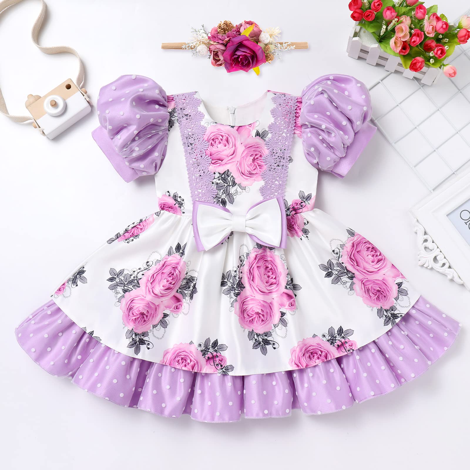 Girls Flower Puff Sleeve Dress 2PCS Pageant Princess Summer Dresses with Floral Headband Front Bowknot Wedding Birthday Dress Up Clothes Baby Girl Christening Baptism Outfits Purple 6-12 Months