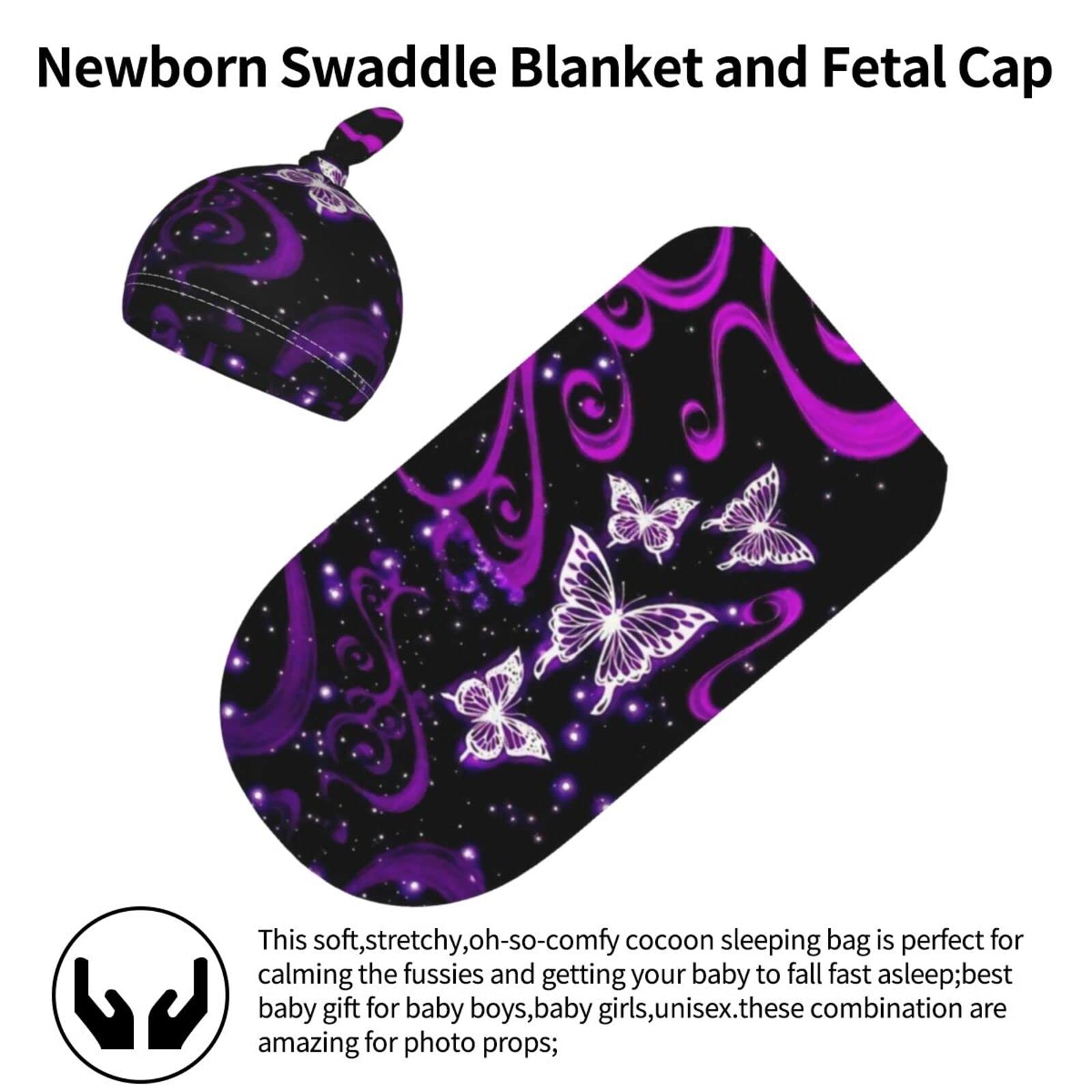 Ykklima Baby Newborn Swaddle Blanket with Beanie Hat- Purple Butterfly Pattern Receiving Blanket Sleep Sack for Girls Boys Infant Gifts