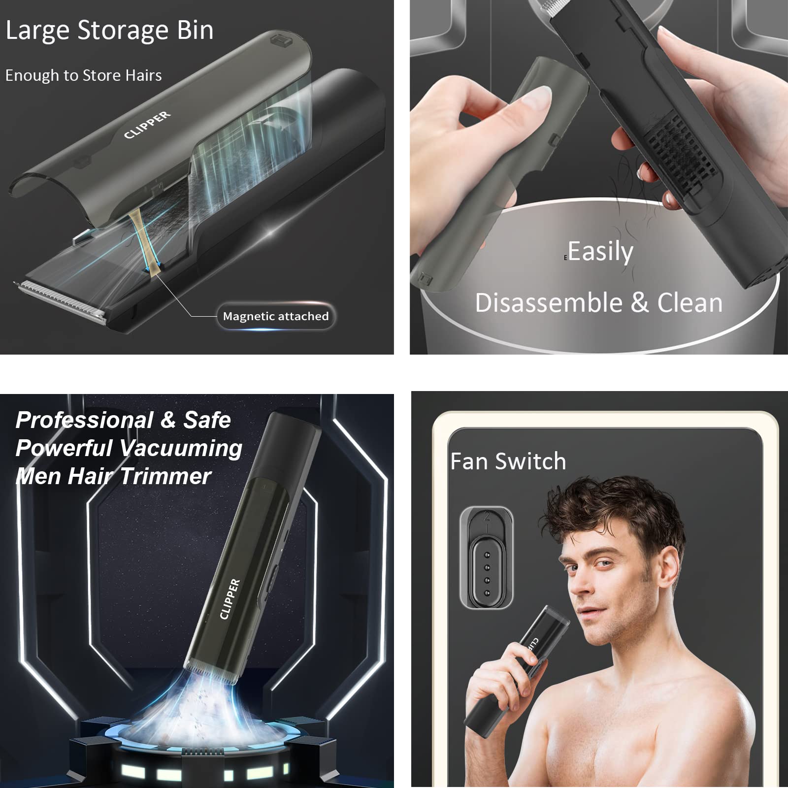 Hair Clippers for Men, Automatic Vacuum Professional Cordless hair clippers, Waterproof & USB Rechargeable Hair Cutting Kit Hair Trimmer with Magnetic Storage Bin