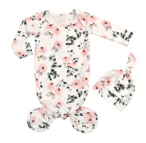 giggle angel newborn baby sleeper gown knotted gown baby girl coming home outfits 2-piece gown and hat set 0-3 months (pinkleaf)