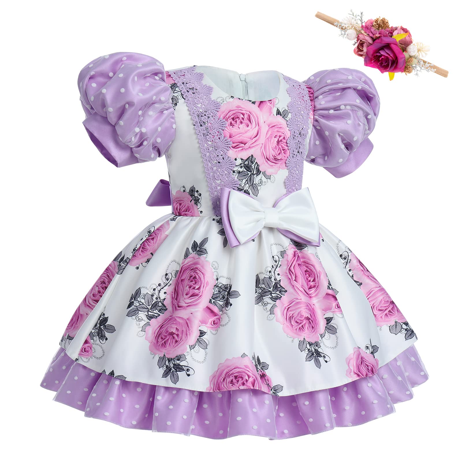 Girls Flower Puff Sleeve Dress 2PCS Pageant Princess Summer Dresses with Floral Headband Front Bowknot Wedding Birthday Dress Up Clothes Baby Girl Christening Baptism Outfits Purple 6-12 Months