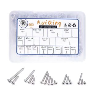 ruiqing 460pcs 304 stainless steel flat head phillips wood screws set, self-tapping sheet metal screws assortment set contains #4#6#8#10#12