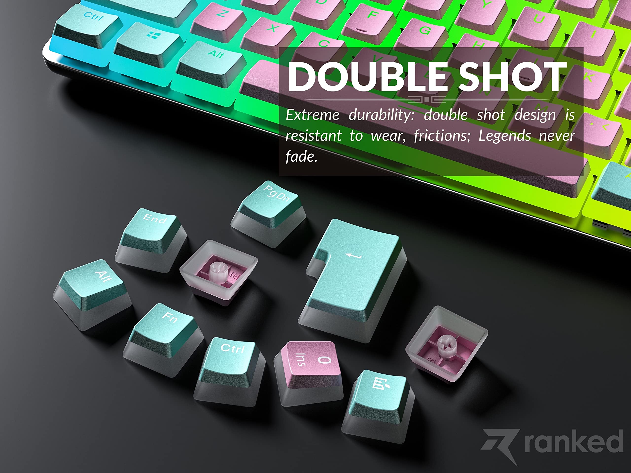 Ranked Pudding v2 PBT Keycaps | 145 Double Shot Translucent ANSI US & ISO Layout | OEM Profile for Full Size, TKL, 75%, 65% and 60% RGB Mechanical Gaming Keyboard (Miami Vice)