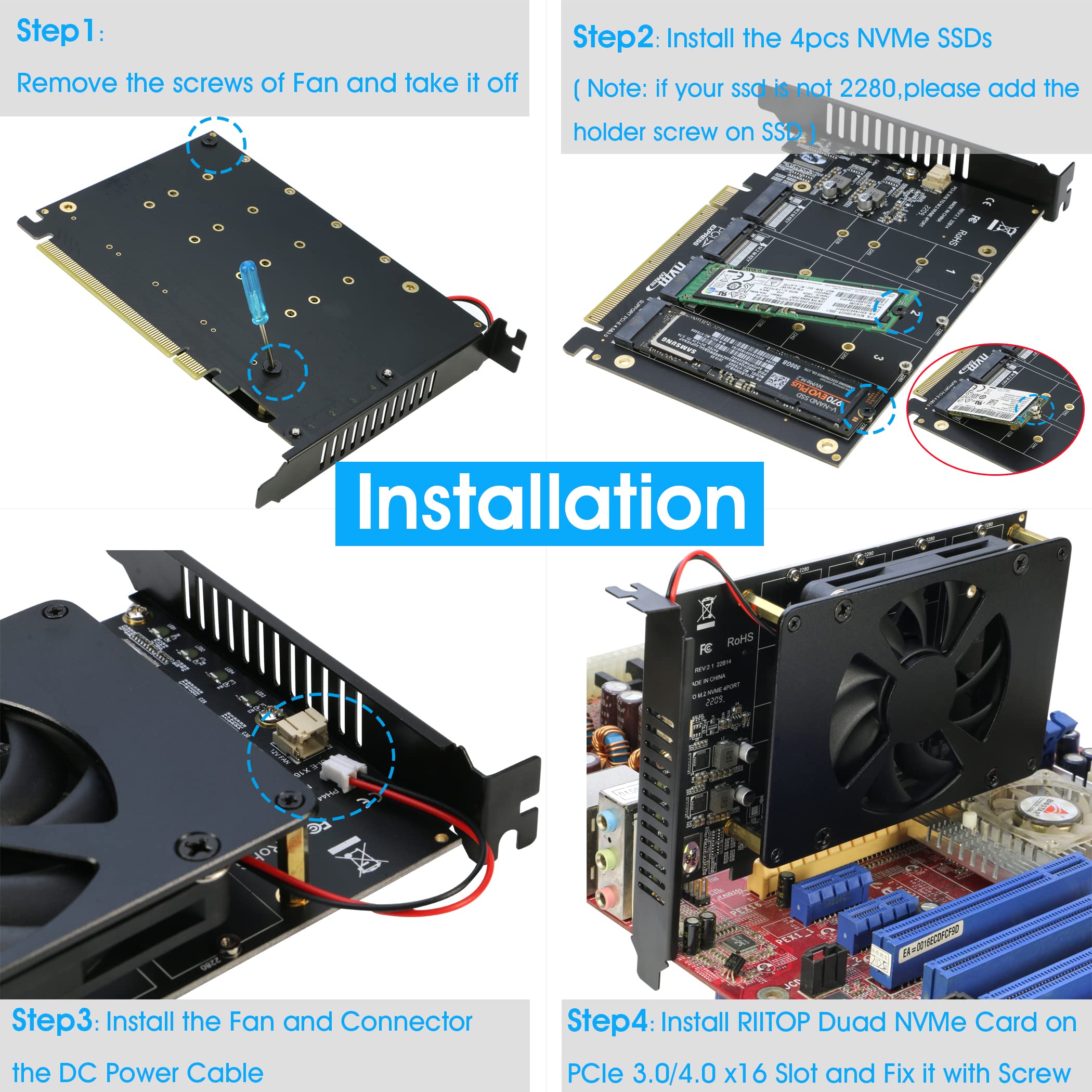 Quad NVMe PCIe Adapter, RIITOP 4 Ports M.2 NVMe SSD to PCI-e 4.0/3.0 x16 Card with Fan Support 2280/2260/2242/2230 NVMe SSD (PCI-e Bifurcation Required)