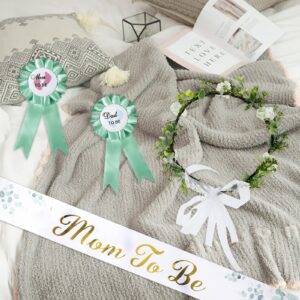 4PCS/Set Mom to Be Sash&Parents to Be Badges, Neutral Sage Green Flowers Crown Headband, Gold Glitter Letters Sash for Baby Shower Maternity Gift(Leaf Style)