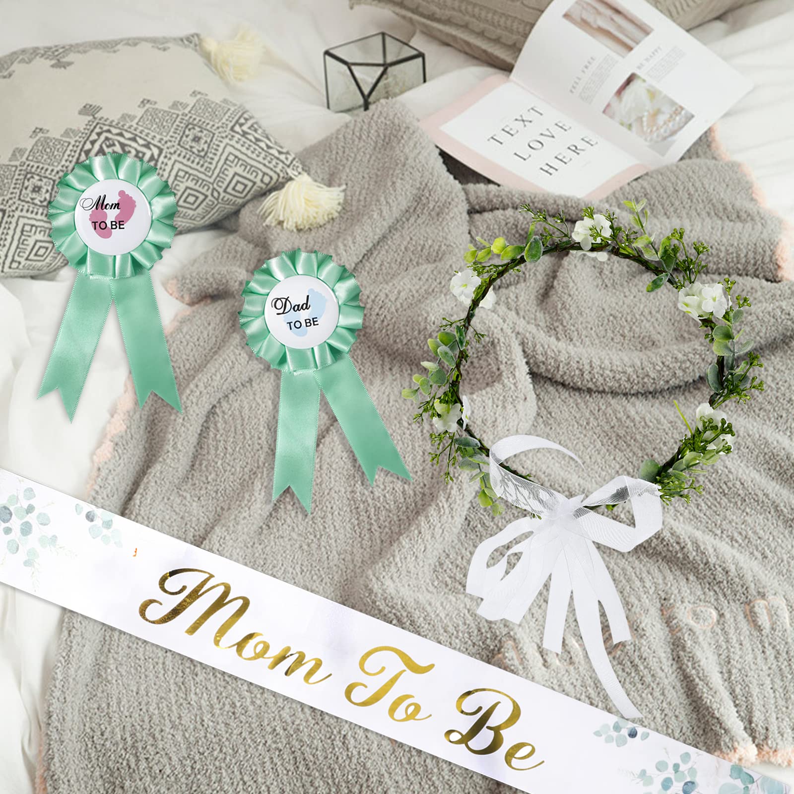 4PCS/Set Mom to Be Sash&Parents to Be Badges, Neutral Sage Green Flowers Crown Headband, Gold Glitter Letters Sash for Baby Shower Maternity Gift(Leaf Style)