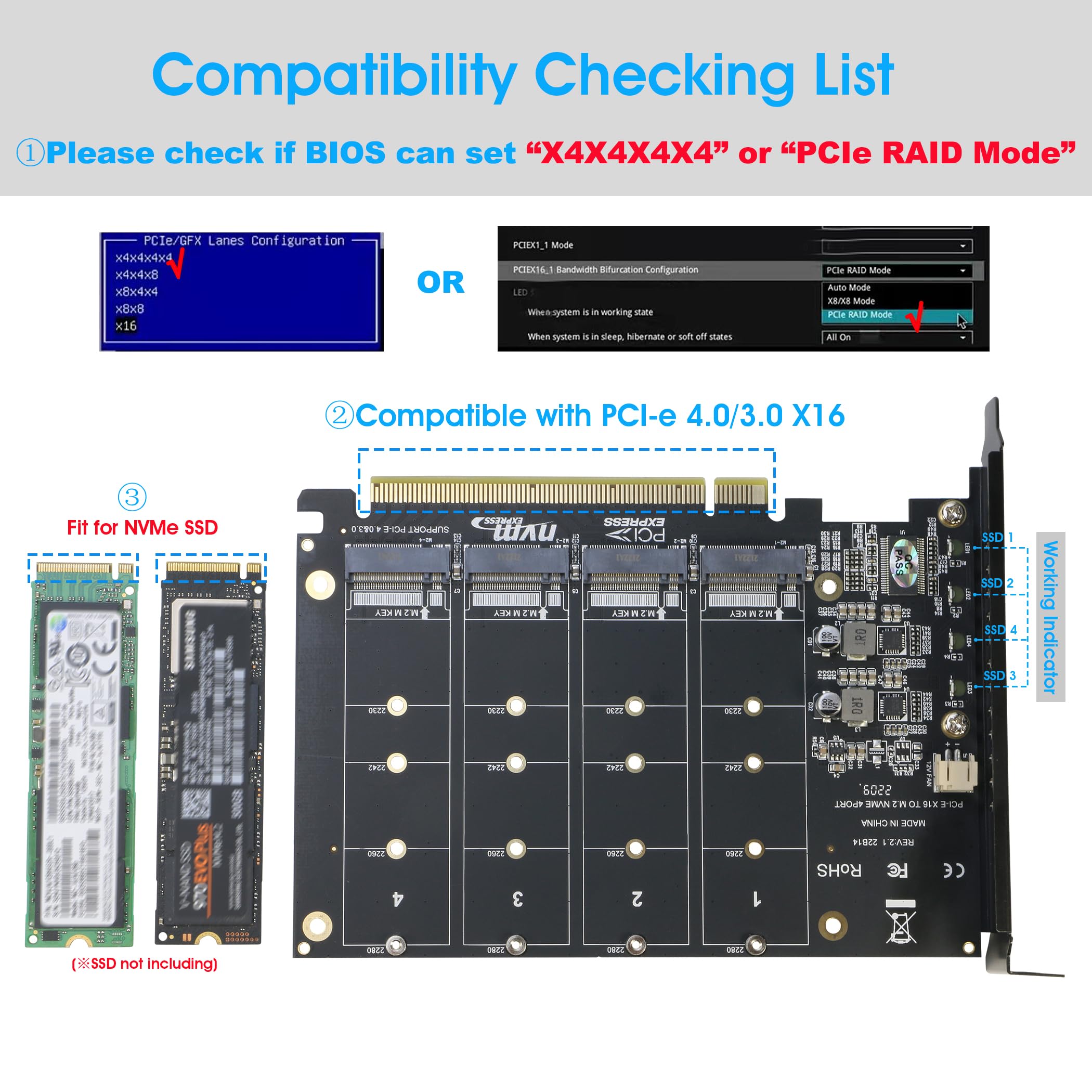 Quad NVMe PCIe Adapter, RIITOP 4 Ports M.2 NVMe SSD to PCI-e 4.0/3.0 x16 Card with Fan Support 2280/2260/2242/2230 NVMe SSD (PCI-e Bifurcation Required)