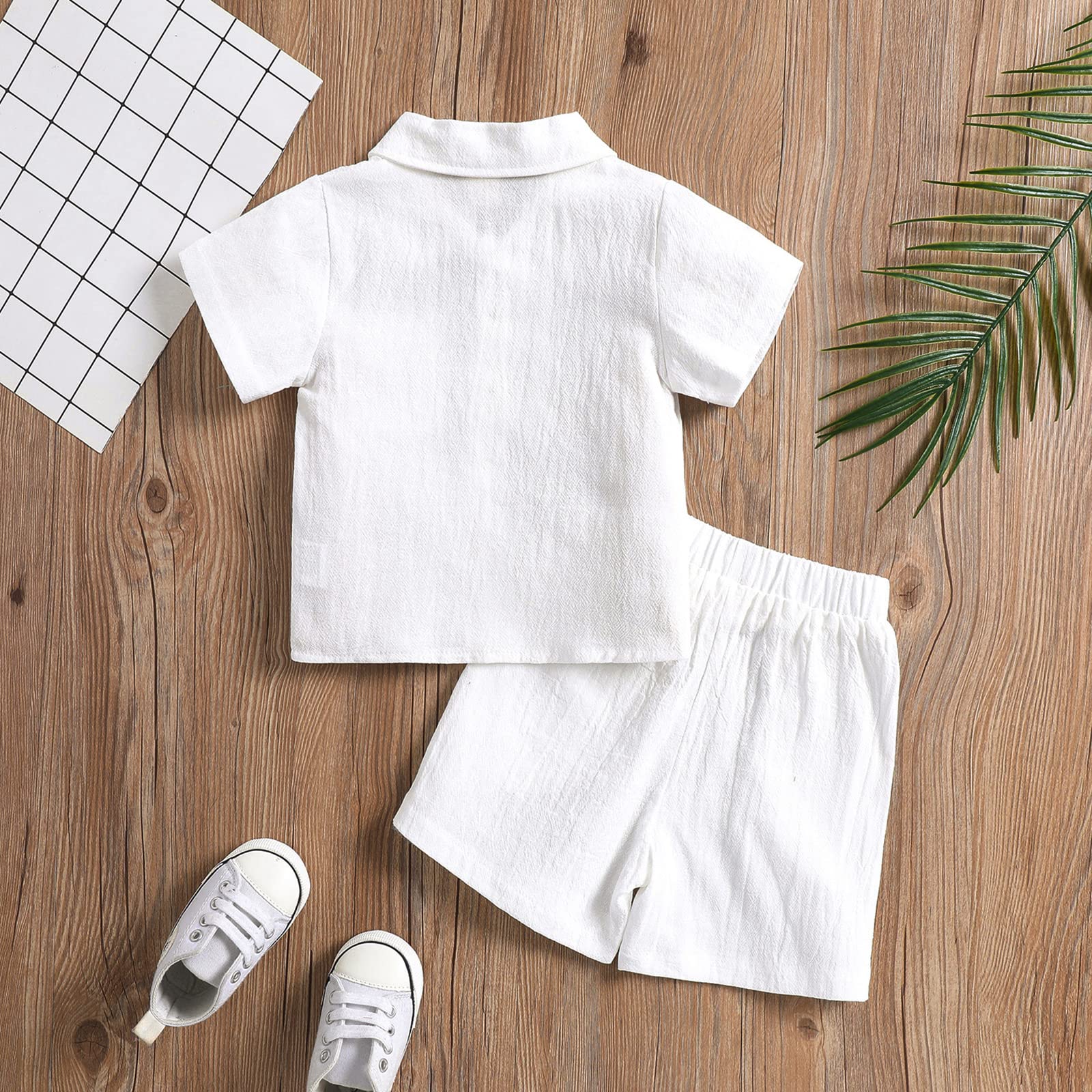 SHIBAOZI Toddler Baby Boys Clothes Set Button-down Shirt Tops + Cotton Linen Shorts Summer Outfit 2PCS with Pockets (White, 2-3T)