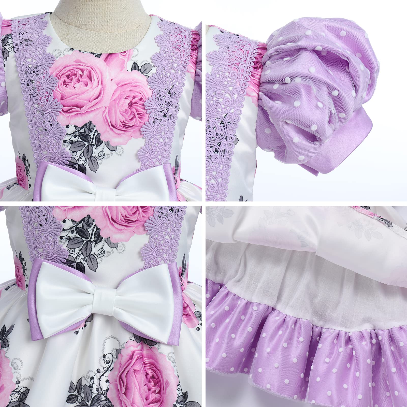 Girls Flower Puff Sleeve Dress 2PCS Pageant Princess Summer Dresses with Floral Headband Front Bowknot Wedding Birthday Dress Up Clothes Baby Girl Christening Baptism Outfits Purple 6-12 Months