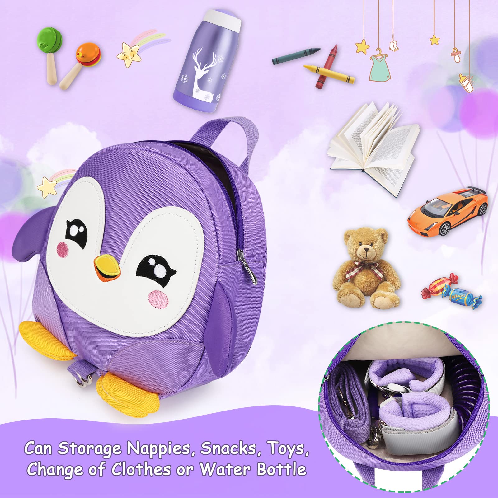 Accmor Toddler Harness Backpack Leash, Cute Penguin Kid Backpacks with Anti Lost Wrist Link, Mini Child Backpack Harness Leashes Walking Wristband Rope Travel Bag Harness Rein for Baby Girls (Purple)