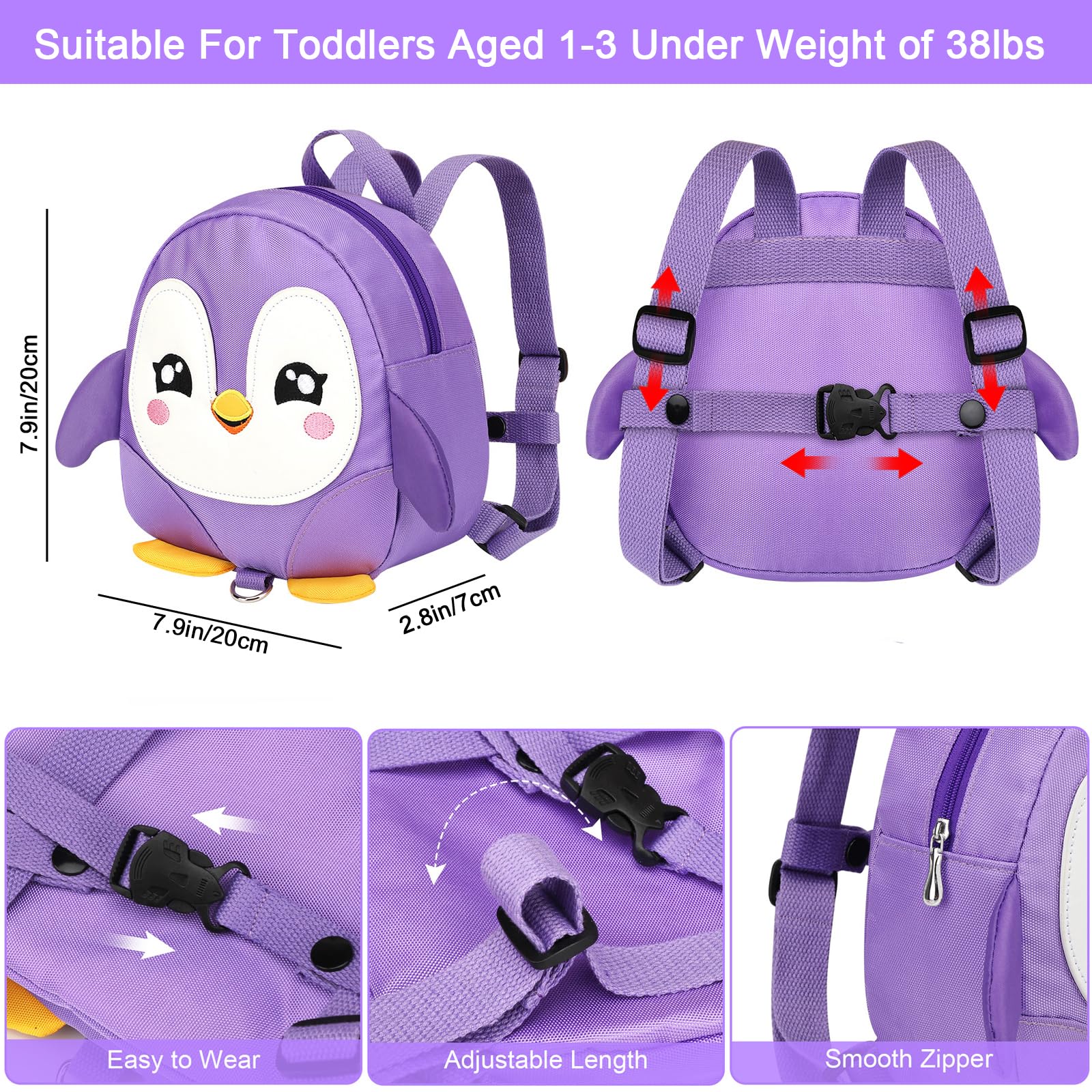 Accmor Toddler Harness Backpack Leash, Cute Penguin Kid Backpacks with Anti Lost Wrist Link, Mini Child Backpack Harness Leashes Walking Wristband Rope Travel Bag Harness Rein for Baby Girls (Purple)