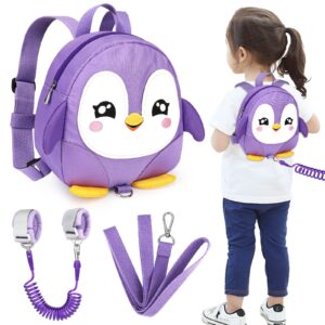 accmor toddler harness backpack leash, cute penguin kid backpacks with anti lost wrist link, mini child backpack harness leashes walking wristband rope travel bag harness rein for baby girls (purple)