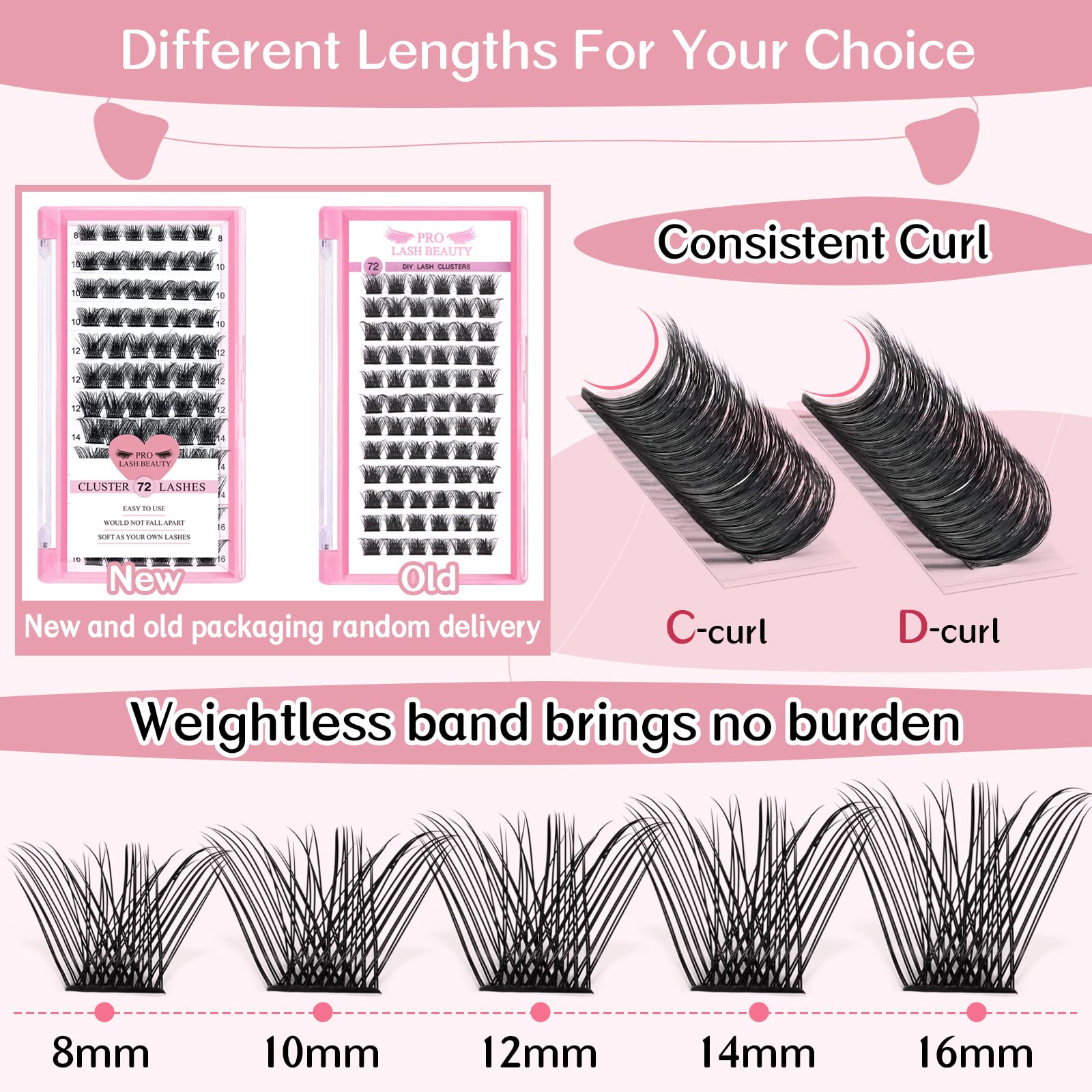 Lash Clusters, 72 Pcs Individual Cluster Lashes DIY Lash Extension 8-16mm Eyelash Clusters Volume Wispy Lashes Super Thin Band Reusable Soft & Comfortable (Volume, D-8-16mix)