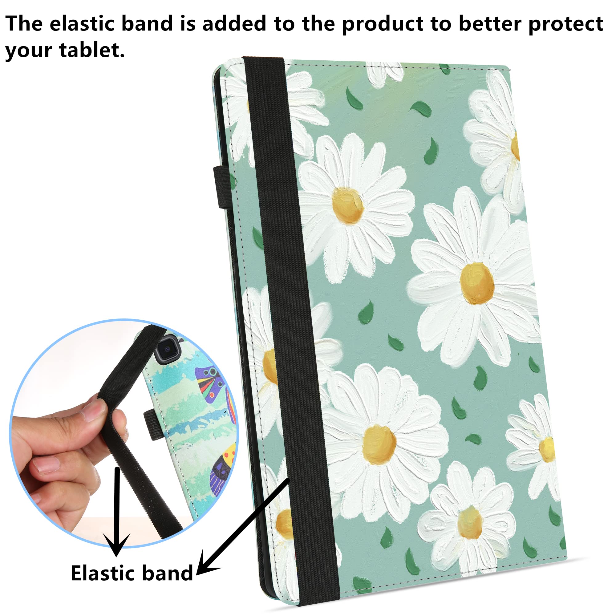 Binguowang Case for Samsung Galaxy Tab A8 10.5 2022 (SM-X200 / SM-X205 / SM-X207) Auto Sleep/Wake with Elastic Band Multi-Angle Viewing Protective PU Leather Slim Flip Folio Stand Cover. (Daisy)