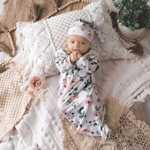 Giggle Angel Newborn Baby Sleeper Gown Knotted Gown Baby Girl Coming Home Outfits 2-Piece Gown and Hat Set 0-3 Months (pinkleaf)