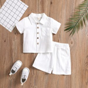 SHIBAOZI Toddler Baby Boys Clothes Set Button-down Shirt Tops + Cotton Linen Shorts Summer Outfit 2PCS with Pockets (White, 2-3T)