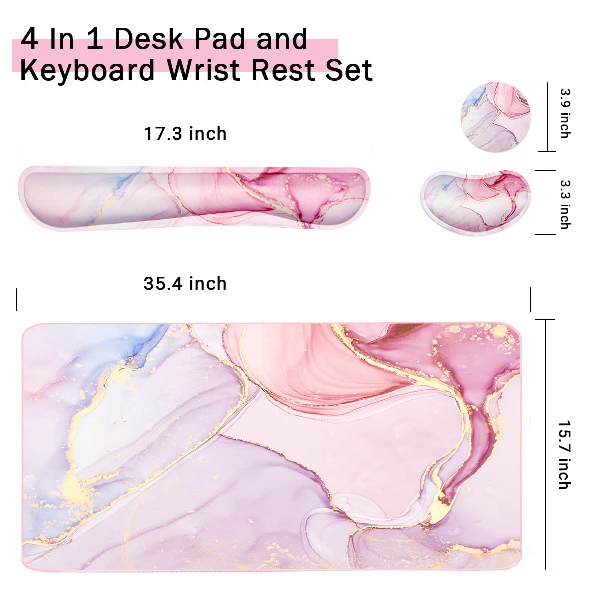 Keyboard Mouse Pad Set, Extended Mouse Pad+Keyboard Wrist Rest Support, Memory Foam Ergonomic Easy Typing, 3Pcs (35.4×15.7 in) Desk Pad Set for Home Office Study Game- Pink Marble