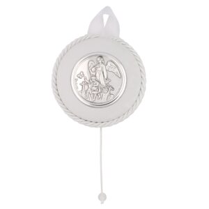 guardian angel guiding children crib medal | plush white with silver-tone plate | great catholic gift for baptism | christian nursery and bedroom décor