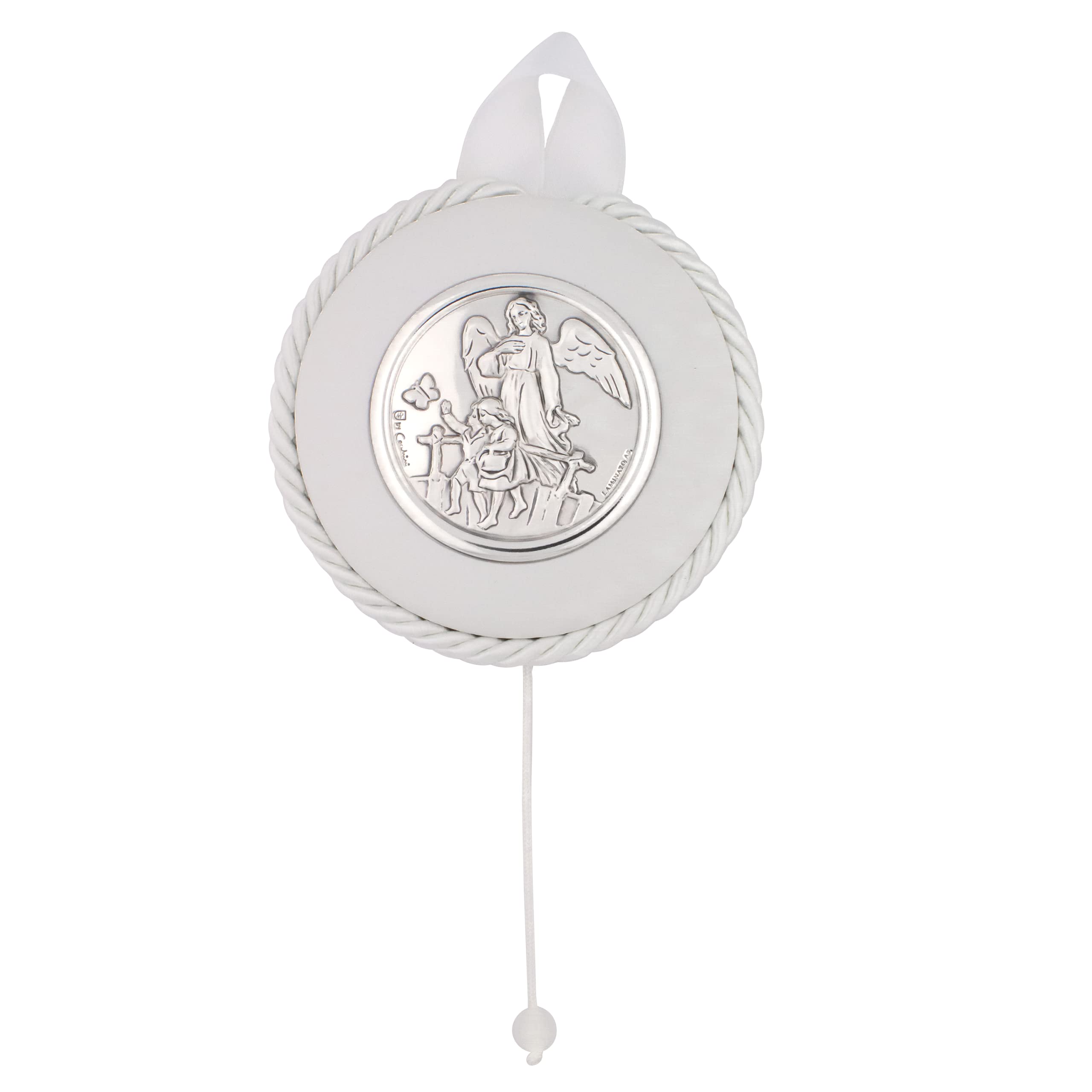 Guardian Angel Guiding Children Crib Medal | Plush White with Silver-Tone Plate | Great Catholic Gift for Baptism | Christian Nursery and Bedroom Décor