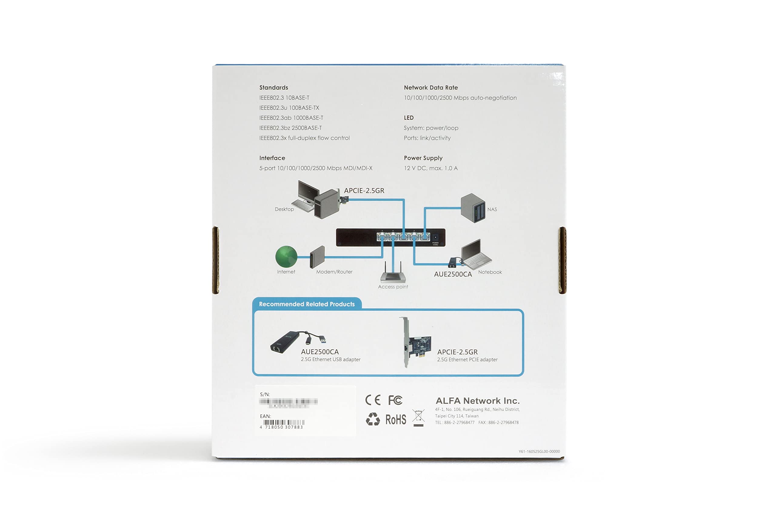 ALFA 5-Port Unmanaged 2.5G Switch, 5 x 2.5GBASE-T Ports, Loop Detection and Fanless Design(AGS05-2.5GL)