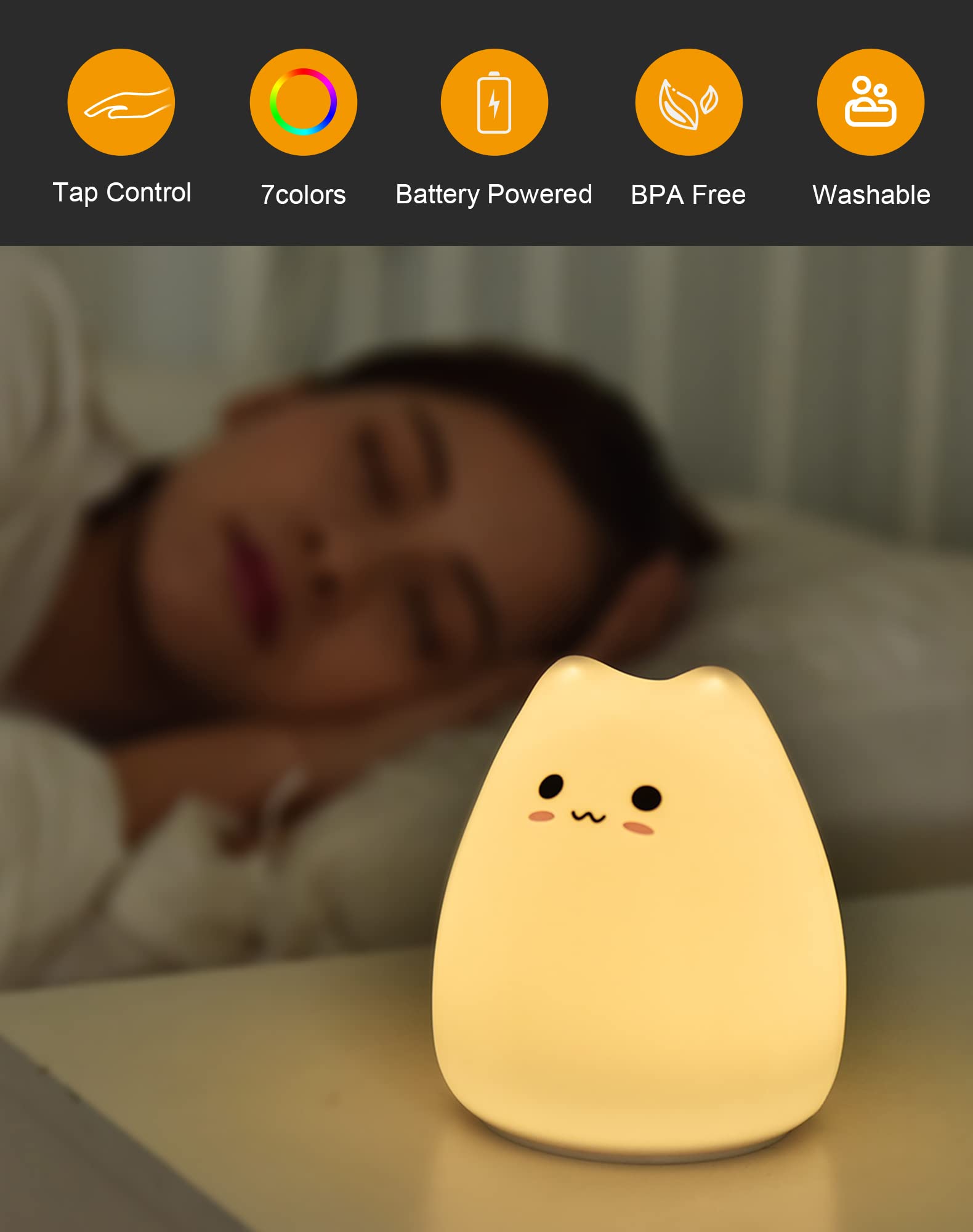 LED Cat Night Light, Battery Powered Night Light for Kids, Silicone Multicolor Cute Cat Lamp with Warm White and 7-Color Breathing Mode, Christmas Gifts for Kids, Baby, Children, Lady (Cute Cat)