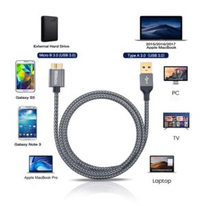 AkoaDa 3.3ft USB Micro B Cable 3.0, External Hard Drive Cord USB A to Micro B Cord Nylon Braided Cord for Samsung S5/Note 3, Camera, Toshiba, Seagate Hard Drive, WD Hard Drive(Grey)