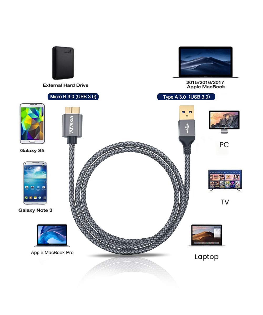 AkoaDa 3.3ft USB Micro B Cable 3.0, External Hard Drive Cord USB A to Micro B Cord Nylon Braided Cord for Samsung S5/Note 3, Camera, Toshiba, Seagate Hard Drive, WD Hard Drive(Grey)