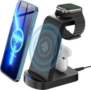 3 in 1 wireless charging station koopao fast portable wireless charger dock stand compatible with iphone 14/12/13/11 pro max/x/xs/xr/8/8 plus, iwatch and ipods series