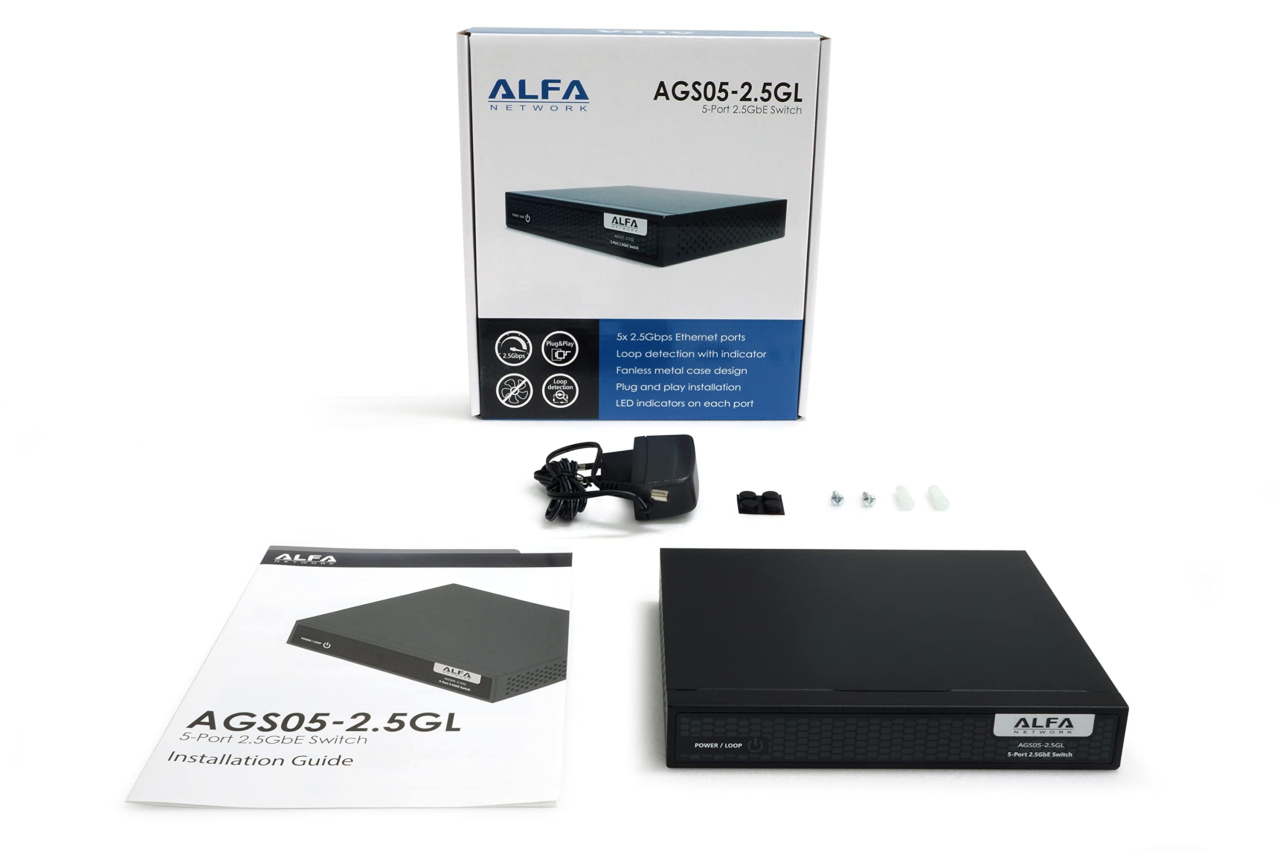 ALFA 5-Port Unmanaged 2.5G Switch, 5 x 2.5GBASE-T Ports, Loop Detection and Fanless Design(AGS05-2.5GL)