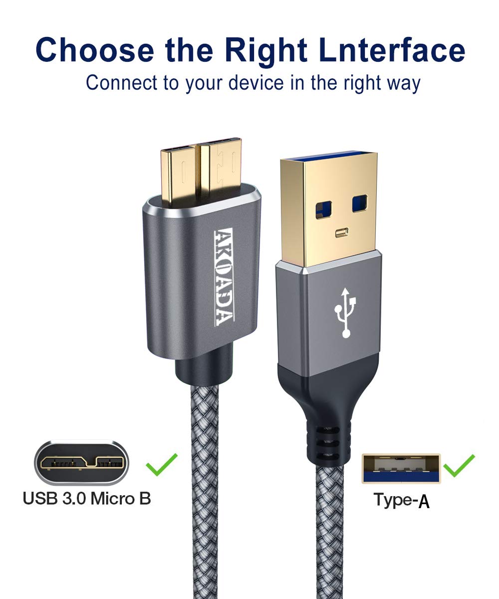 AkoaDa 3.3ft USB Micro B Cable 3.0, External Hard Drive Cord USB A to Micro B Cord Nylon Braided Cord for Samsung S5/Note 3, Camera, Toshiba, Seagate Hard Drive, WD Hard Drive(Grey)