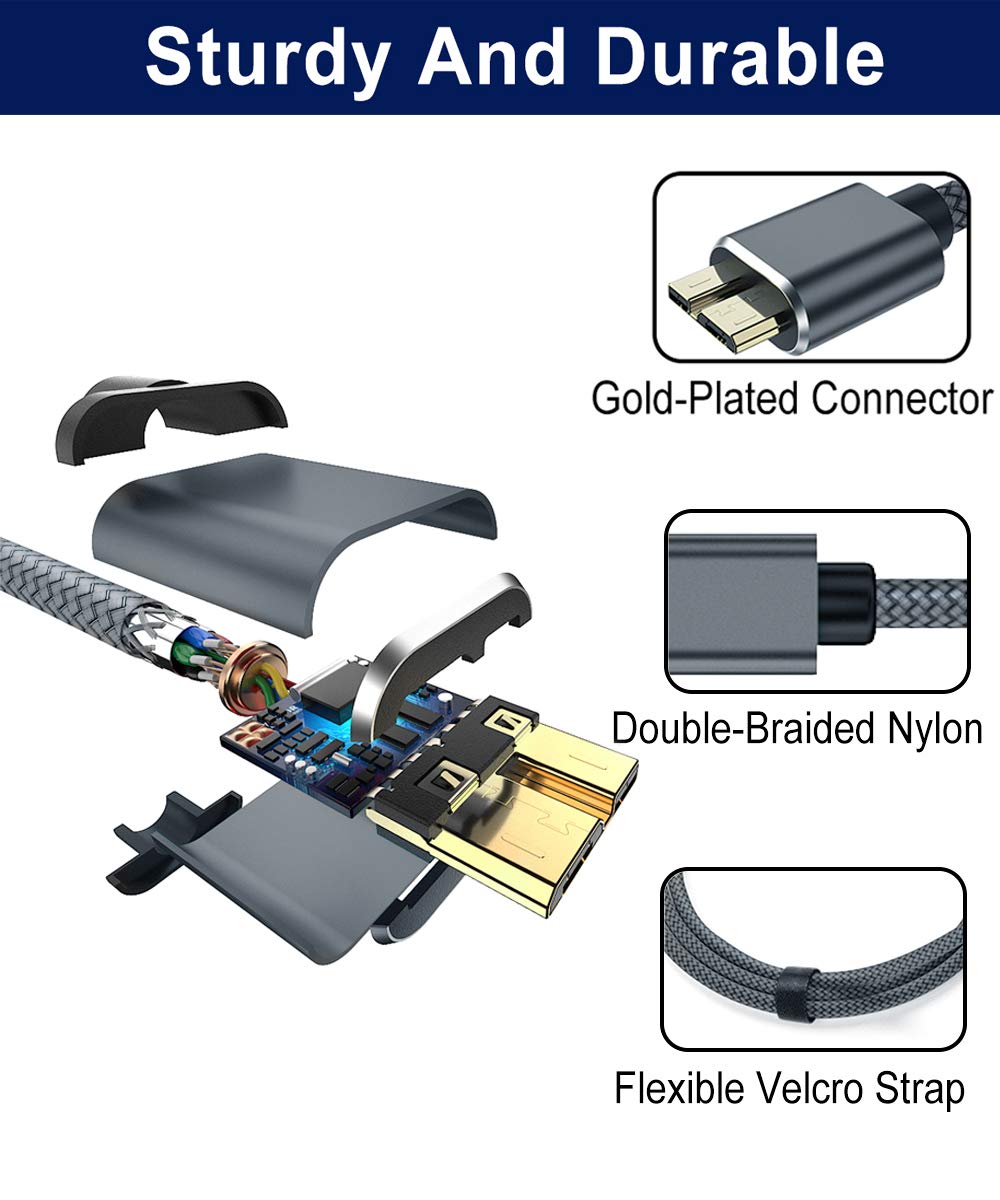 AkoaDa 3.3ft USB Micro B Cable 3.0, External Hard Drive Cord USB A to Micro B Cord Nylon Braided Cord for Samsung S5/Note 3, Camera, Toshiba, Seagate Hard Drive, WD Hard Drive(Grey)