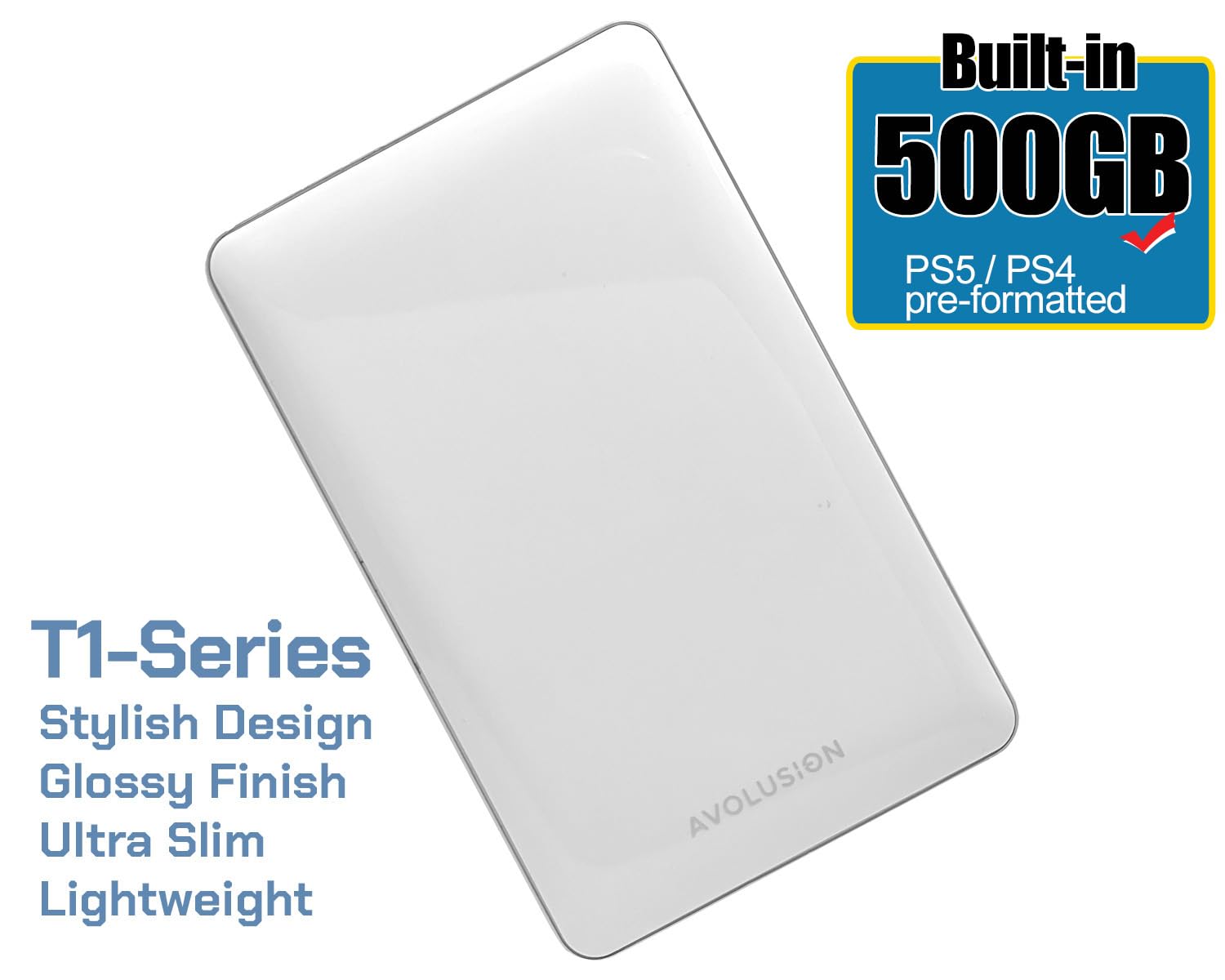 Avolusion T1 Series 500GB USB 3.0 Portable External Gaming Hard Drive - White (for PS5, Pre-Formatted) - 2 Year Warranty (Renewed)