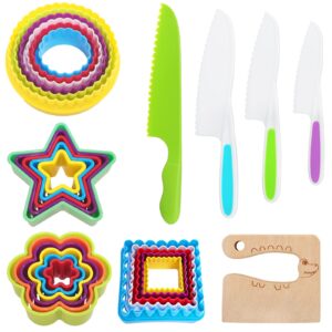 cozymate 27 pieces wooden kids kitchen knife and cookie cutter set, kid safe knives cutting veggies fruits include wood knife serrated edges knives sets cookie cutters for toddler kitchen