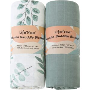 LifeTree Muslin Swaddle Blankets, 2 Pack Baby Swaddling Neutral Receiving Blanket for Boys & Girls, 70% Viscose from Bamboo & 30% Cotton, Large 47" X 47" Eucalyptus Leaves/Sage