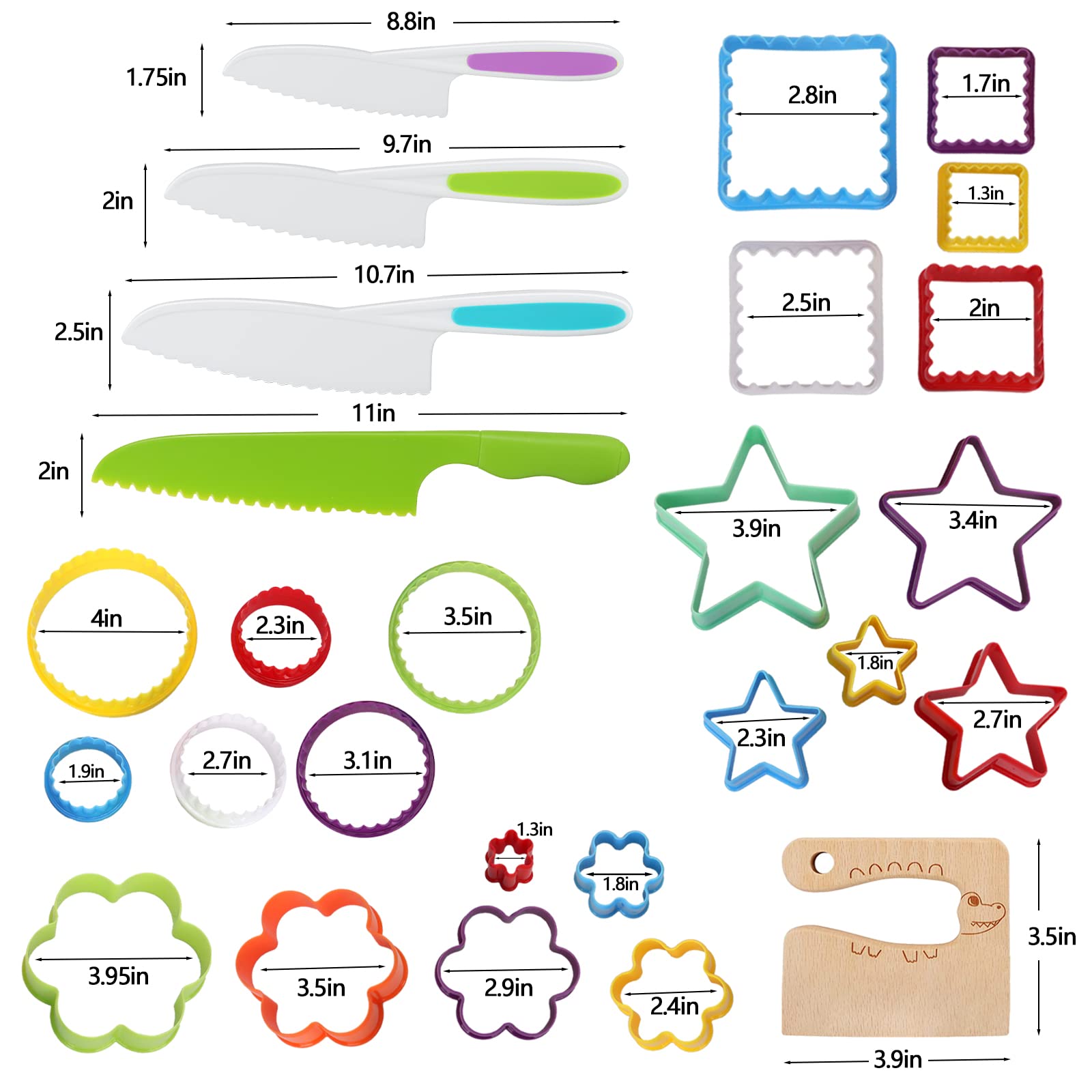 COZYMATE 27 Pieces Wooden Kids Kitchen Knife and Cookie Cutter Set, Kid Safe Knives Cutting Veggies Fruits Include Wood Knife Serrated Edges Knives Sets Cookie Cutters for Toddler Kitchen