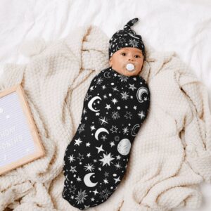 Ykklima Baby Newborn Swaddle Blanket with Beanie Hat- Black White Moon and Star Pattern Receiving Blanket Sleep Sack for Girls Boys Infant Gifts