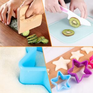 COZYMATE 27 Pieces Wooden Kids Kitchen Knife and Cookie Cutter Set, Kid Safe Knives Cutting Veggies Fruits Include Wood Knife Serrated Edges Knives Sets Cookie Cutters for Toddler Kitchen